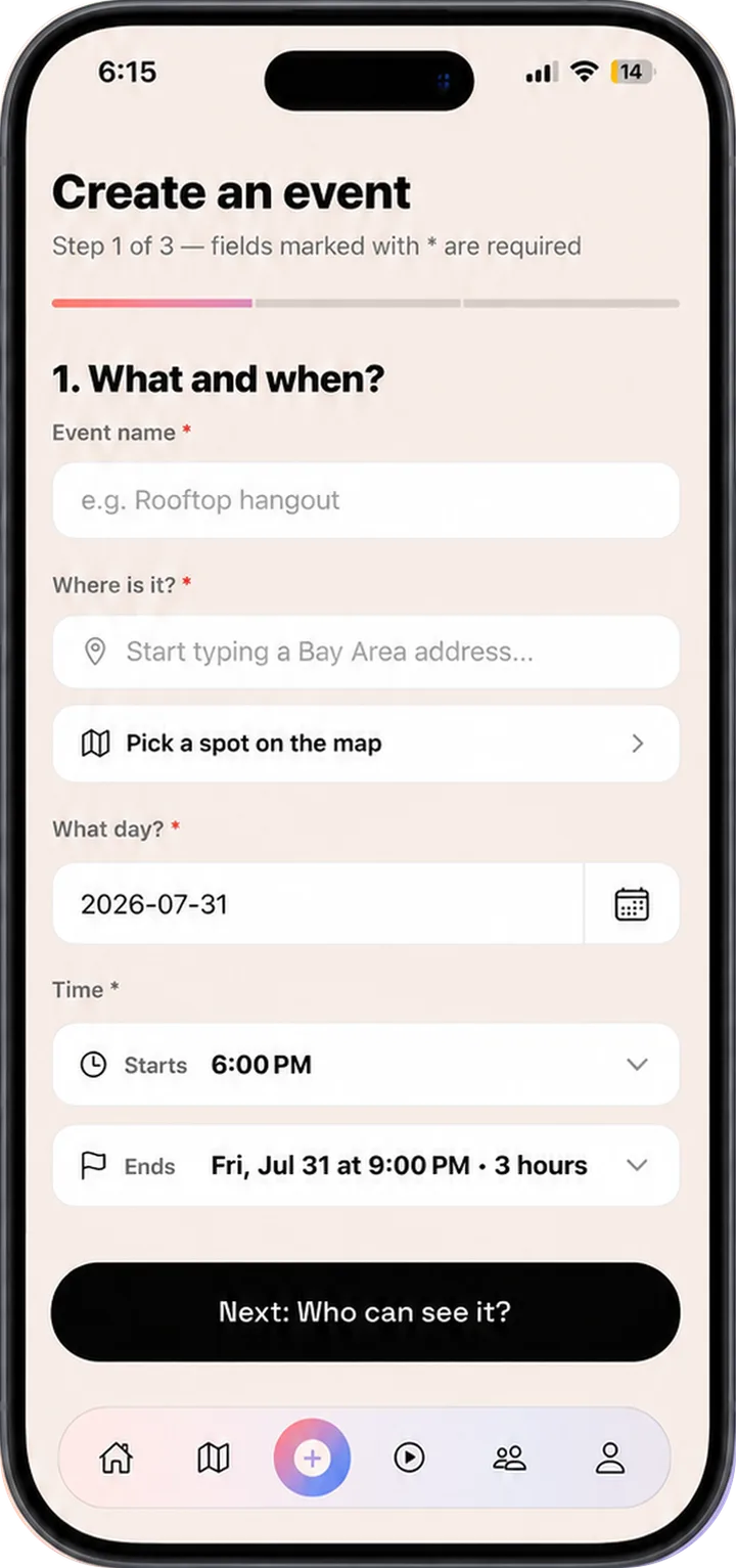 Vezo's create-an-event form, step one of three, with fields for the event name, location, day and time.