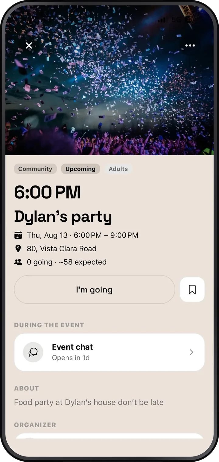 A Vezo event page showing the start time, date, address, how many people are expected, an I'm going button, and the event chat.