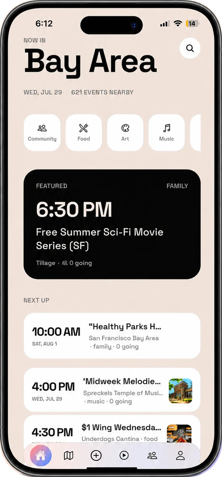 Vezo's home screen headed Now in Bay Area, with category shortcuts and a list of upcoming events.