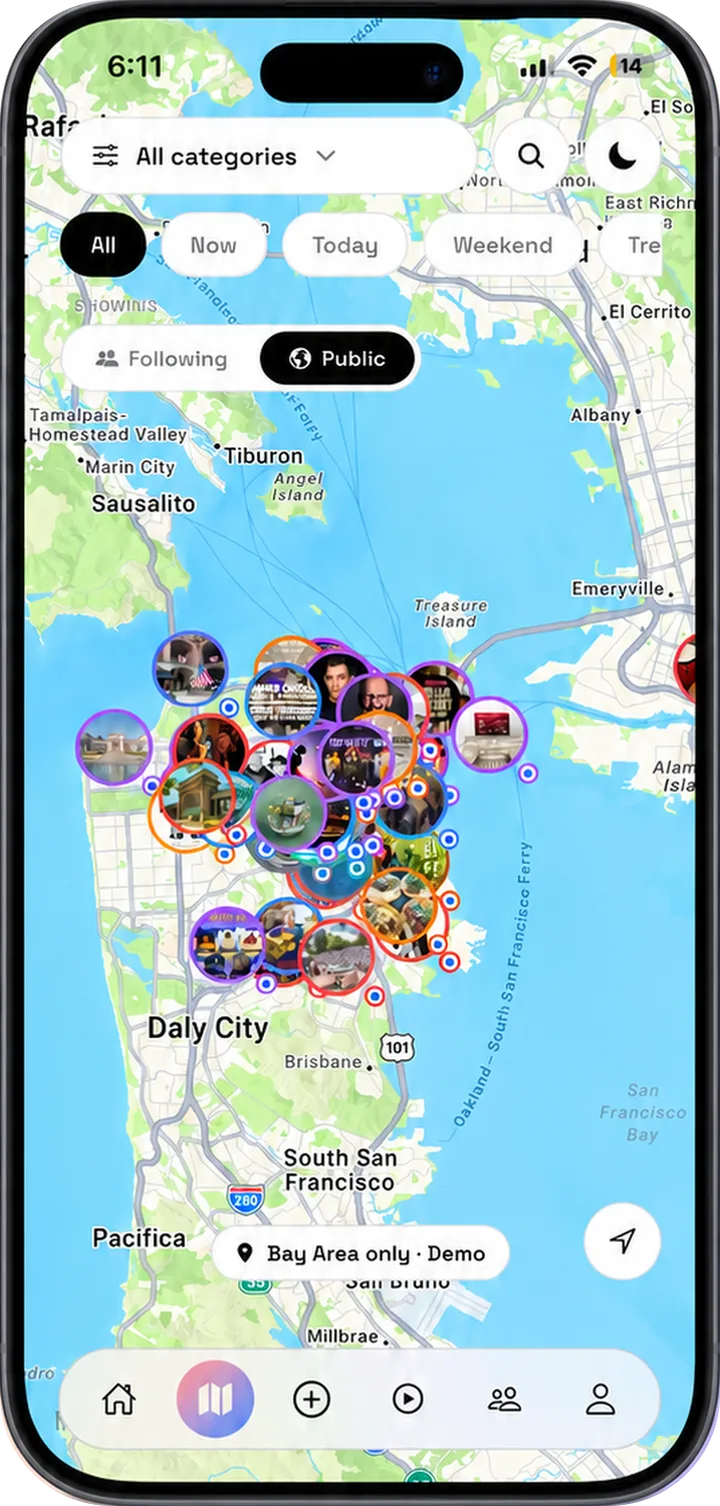 Vezo's map view filtered to public events, showing dozens of event pins clustered across San Francisco and the East Bay.