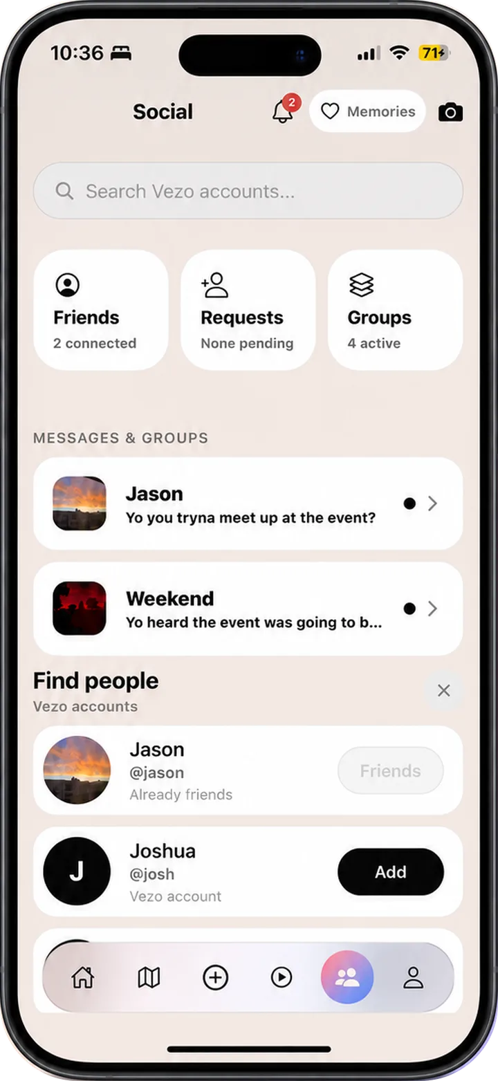 Vezo's Social screen showing friends, requests and groups above a list of message threads.